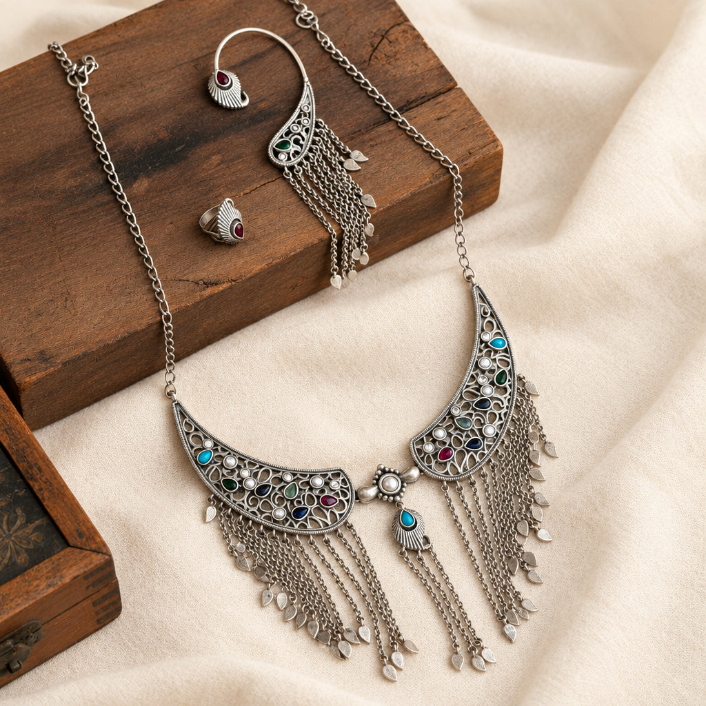 Silver Handcrafted brass long Necklace