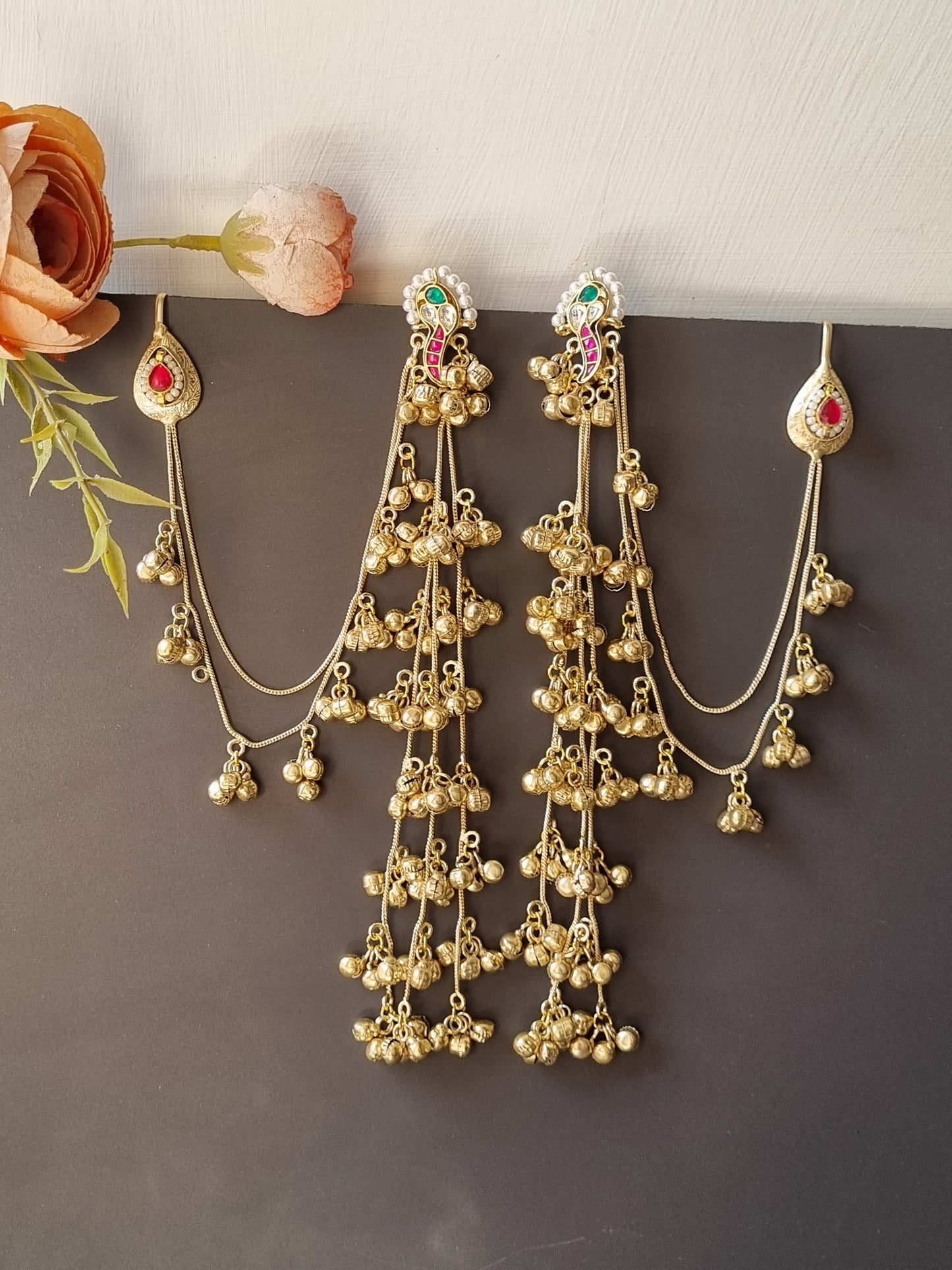Golden Pachi Kundan Kashmiri Extension Earrings