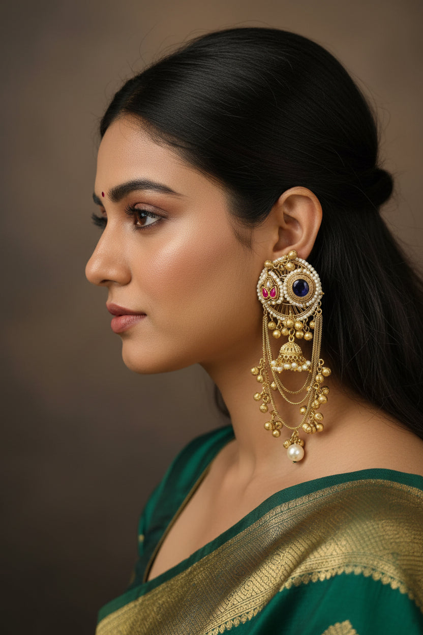 Golden Pachi Kundan Statement Kashmiri Earrings
