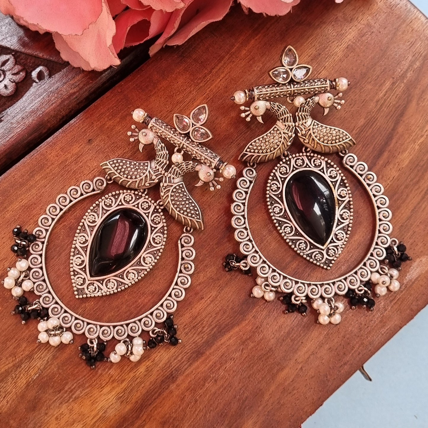 Peacock Brass Earrings - BLACK