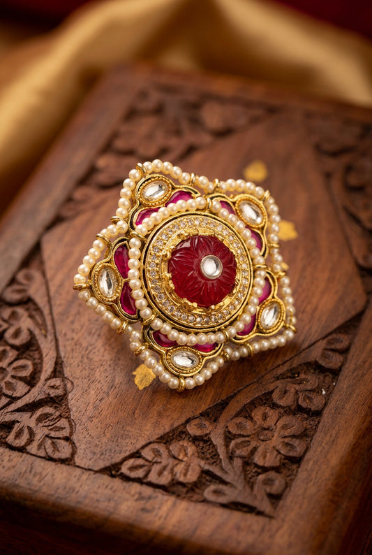 Pachi Kundan Statement Golden Ring