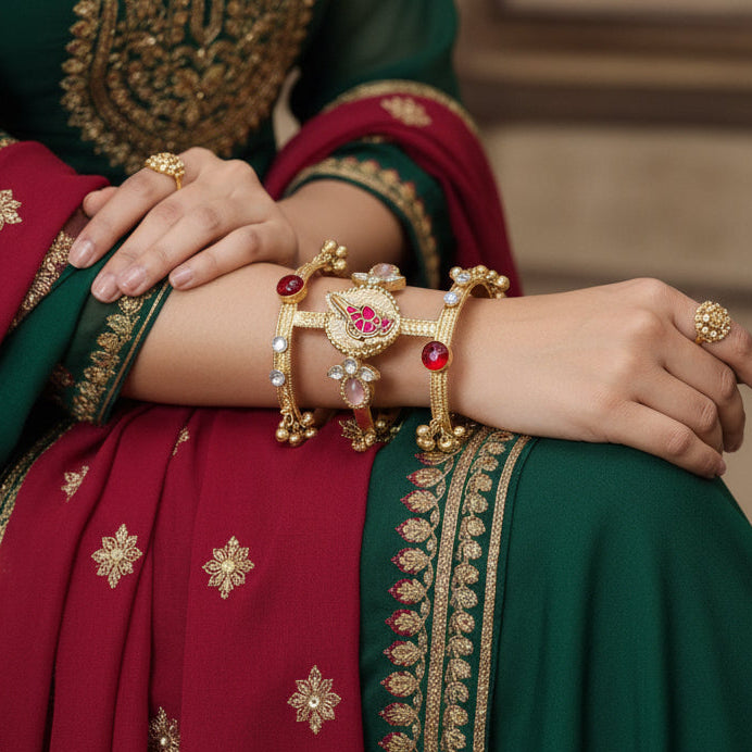 Mahnoor Golden Pachi Statement Brass Handcuff/Kada