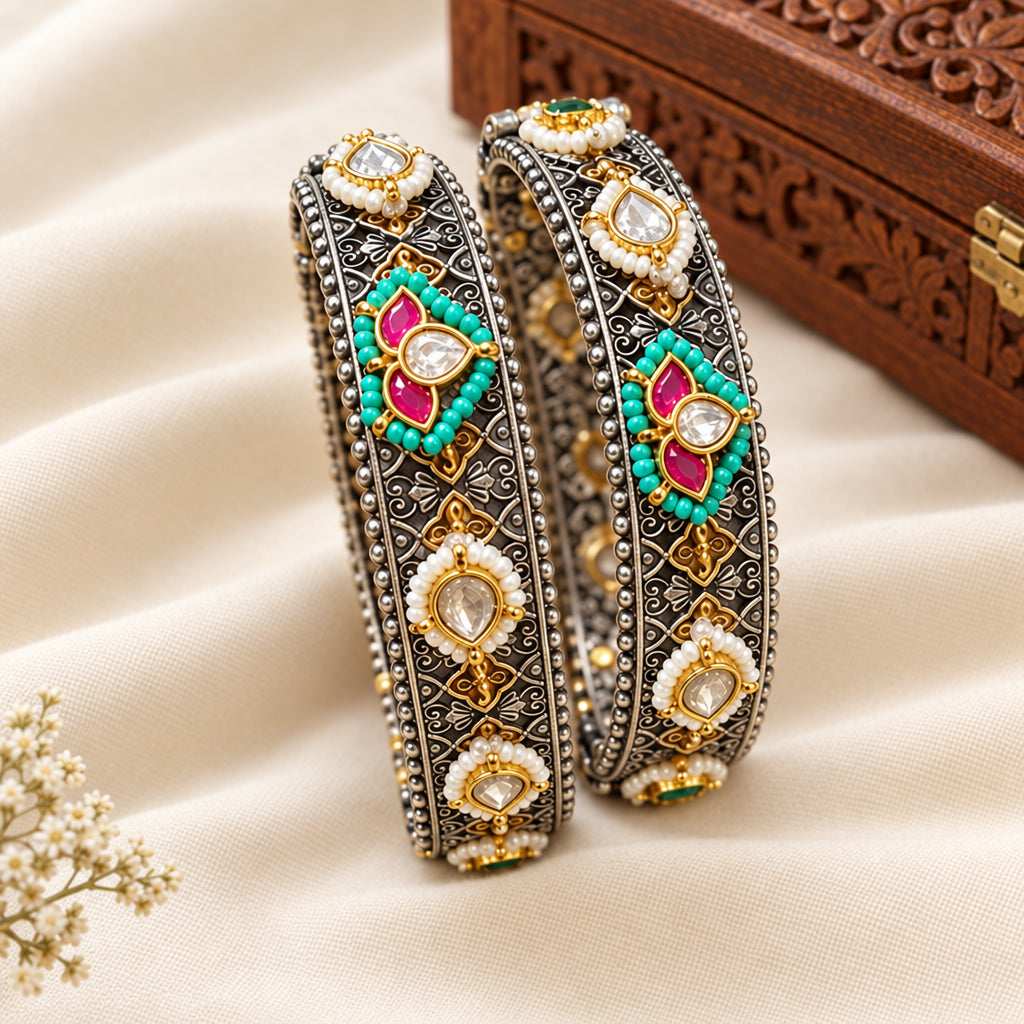 Pachi Kundan Dual tone Brass Kada- single piece