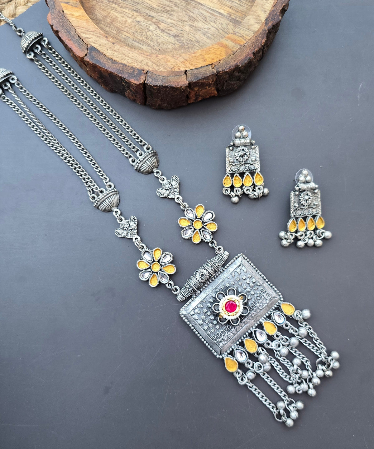 Fusion Dual tone Long Necklace set- Oxidised