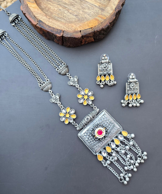 Fusion Dual tone Long Necklace set- Oxidised