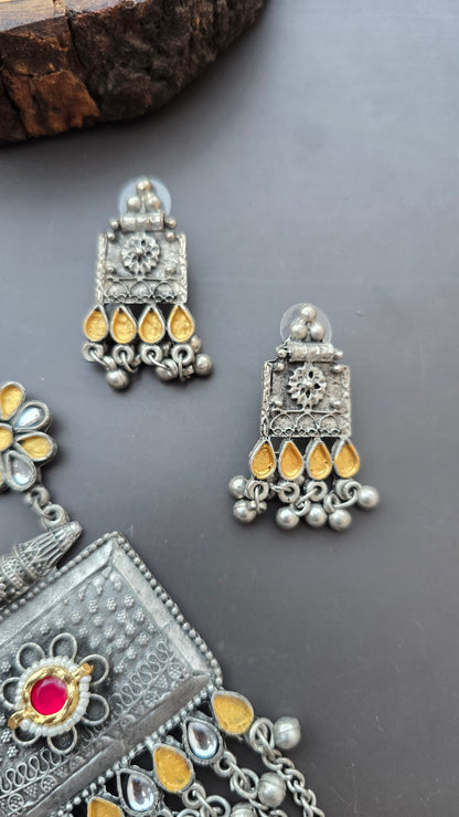 Fusion Dual tone Long Necklace set- Oxidised