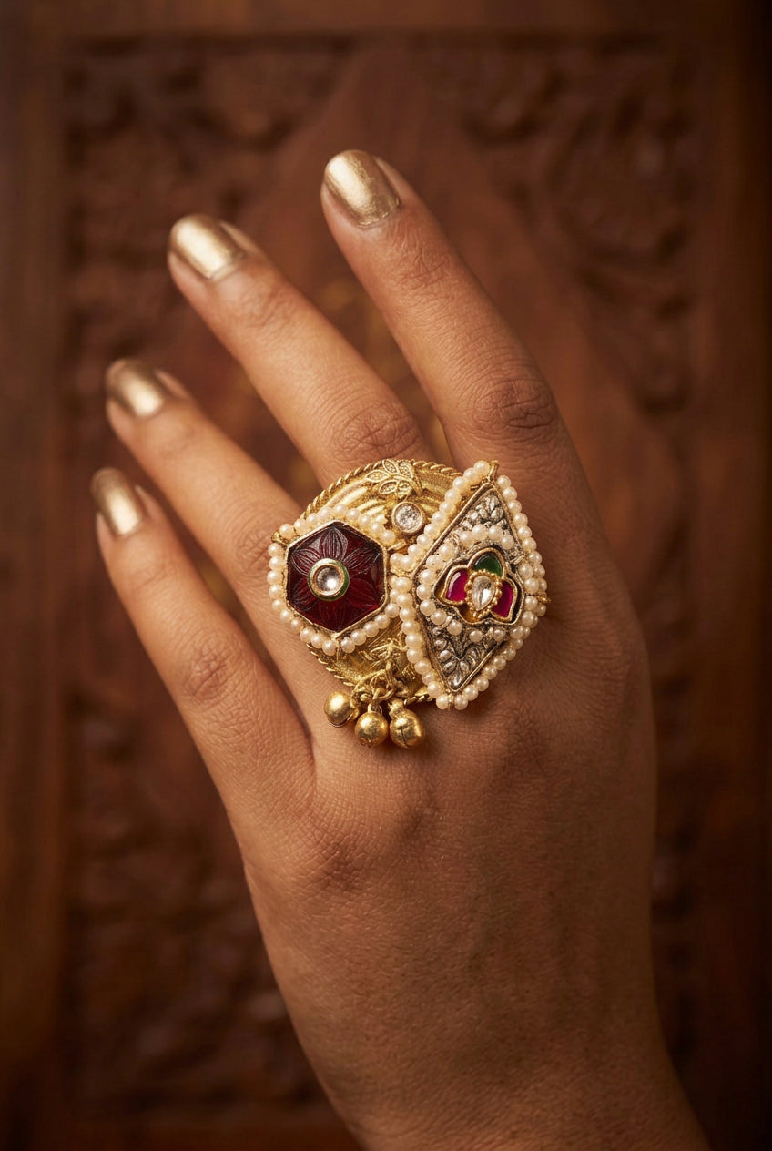 Pachi Kundan Statement Golden Ring