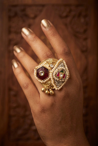 Pachi Kundan Statement Golden Ring