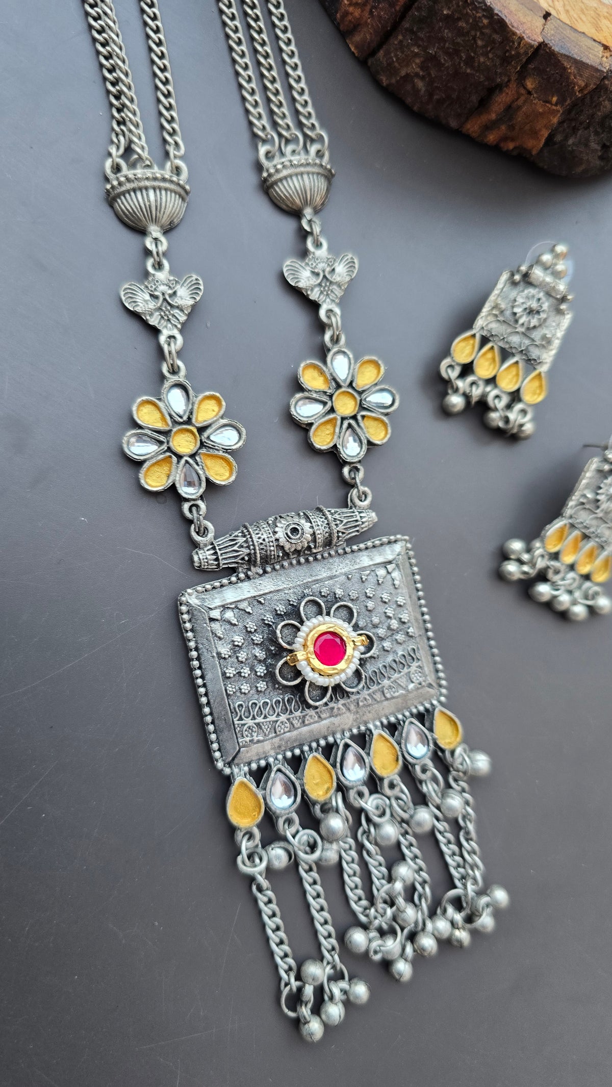 Fusion Dual tone Long Necklace set- Oxidised