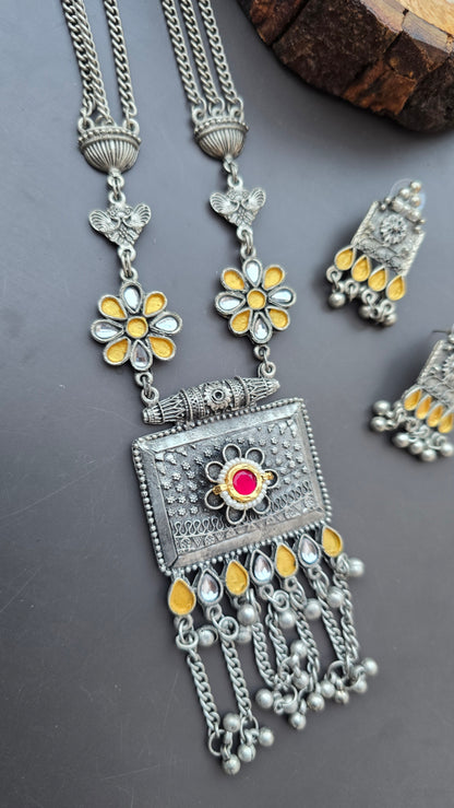 Fusion Dual tone Long Necklace set- Oxidised
