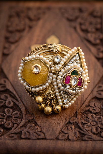 Pachi Kundan Statement Golden Ring