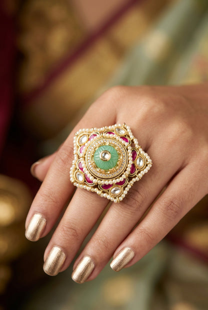 Pachi Kundan Statement Golden Ring