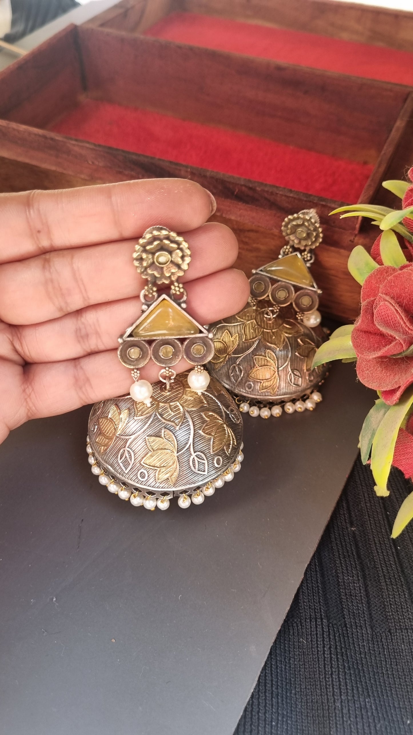 Sharjeena Handpainted Brass dual tone Jhumka - Bahara Collection