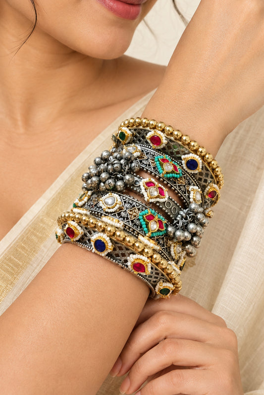 Dual tone Pachi Kundan Premium Brass Bangle Stack