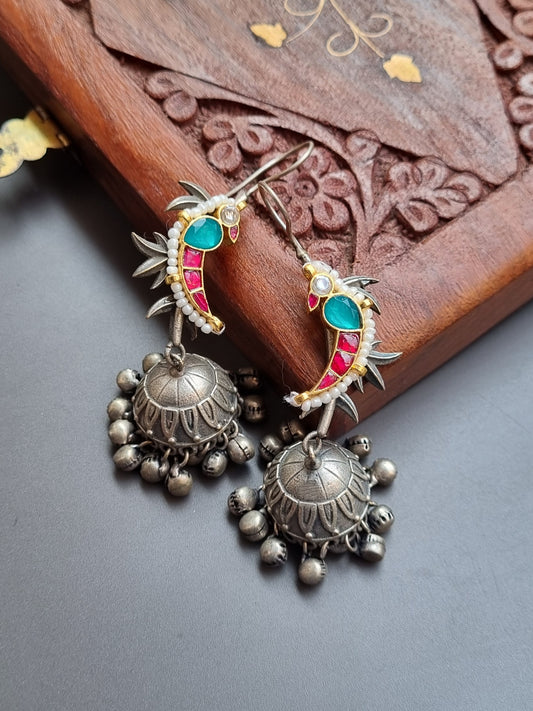 Peacock Pachi Kundan Jhumka- Brass
