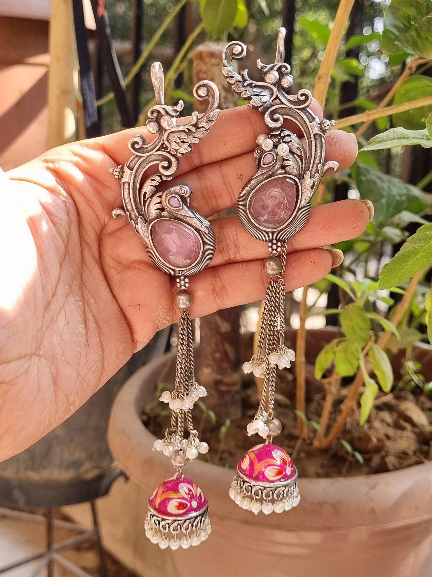 Handpainted Peacock Silver Brass Jhumka