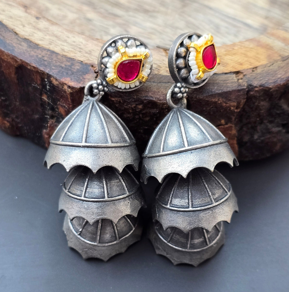 3 layer Brass pachi kundan Jhumka