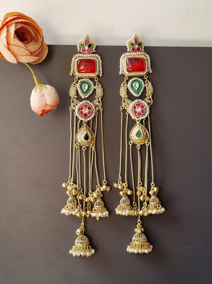 Long Golden Pachi Kundan Kashmiri Earrings