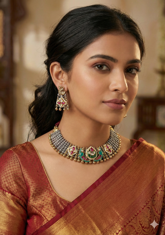 Pachi Kundan Fusion Dual tone Choker Set