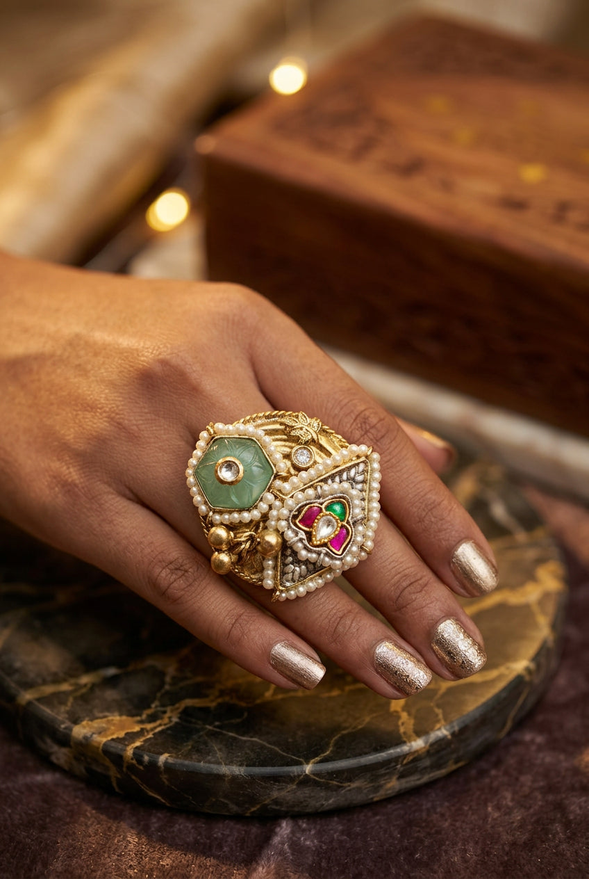 Pachi Kundan Statement Golden Ring