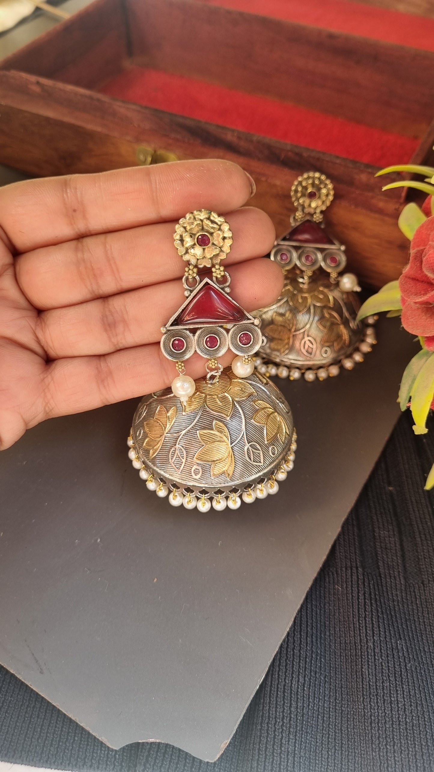 Sharjeena Handpainted Brass dual tone Jhumka - Bahara Collection