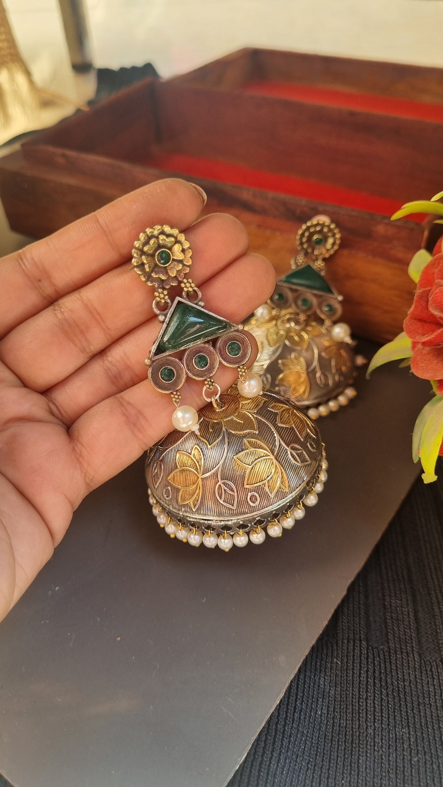 Sharjeena Handpainted Brass dual tone Jhumka - Bahara Collection