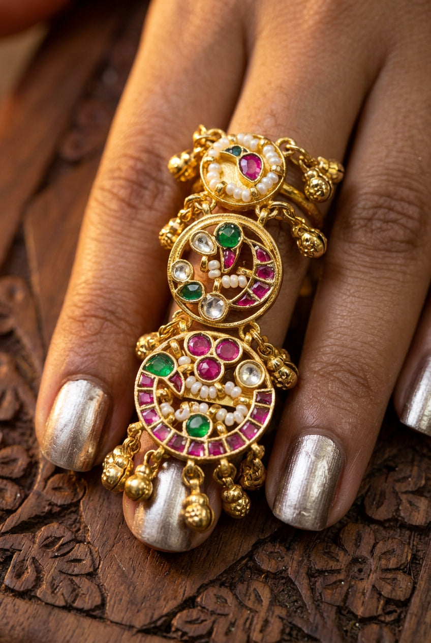 Pachi Kundan Statement Golden Ring