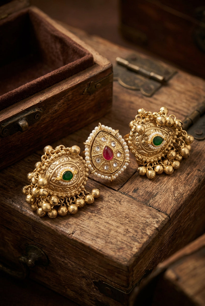 Pachi Kundan Statement Golden Ring