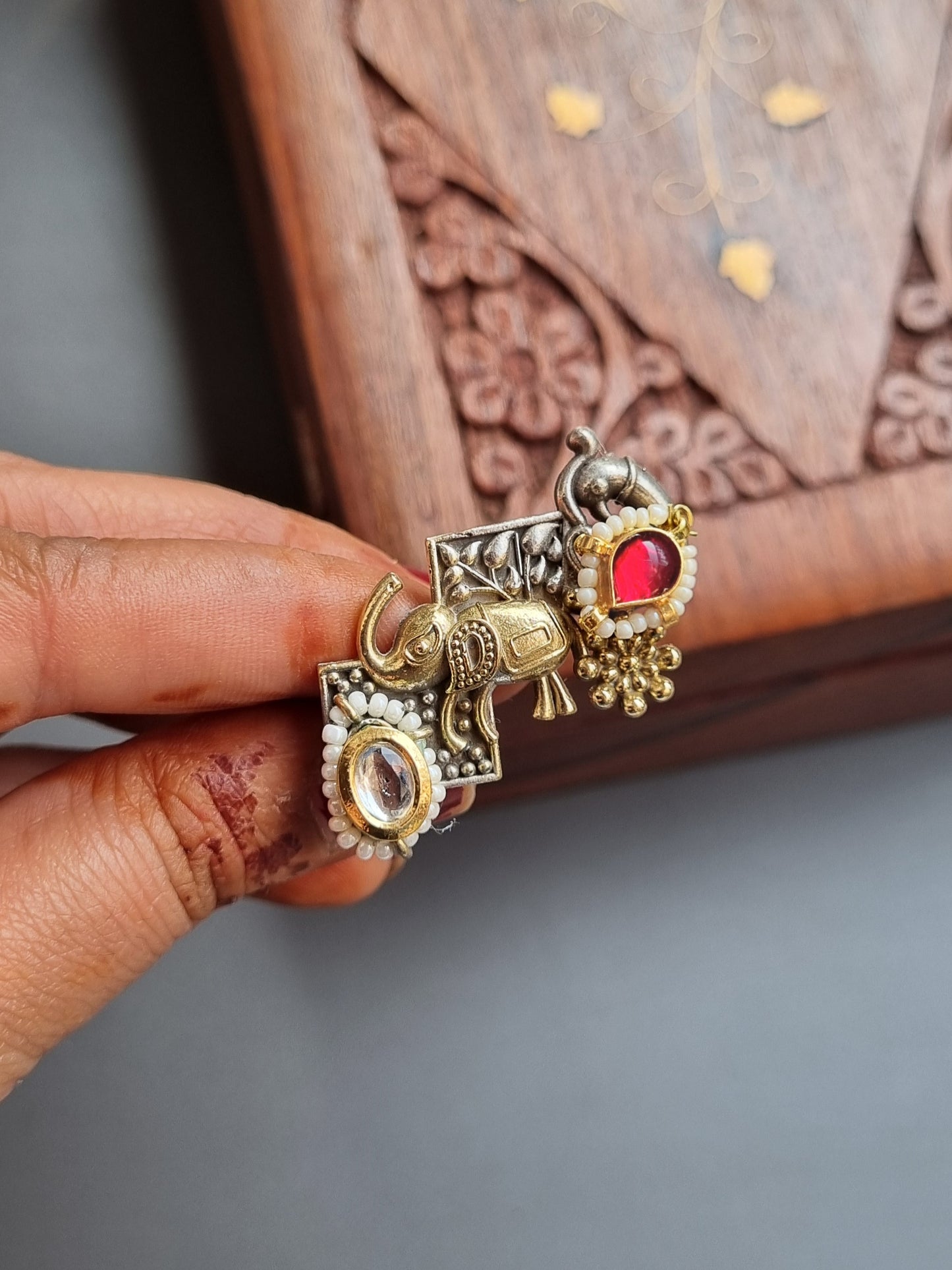 Gaj Pachi Kundan Dual tone Brass Ring