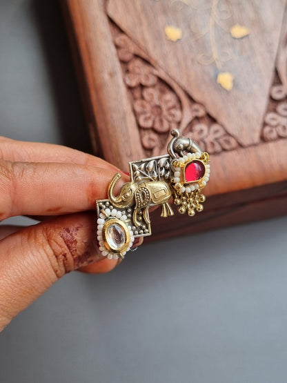 Gaj Pachi Kundan Dual tone Brass Ring