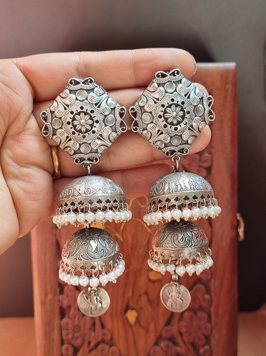 Imarat silver layered Brass Jhumka -Bahara Collection