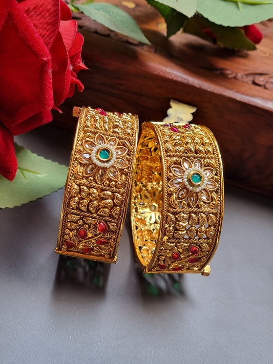 Gold Plated Polki Kada/ Bangle Set-Pair
