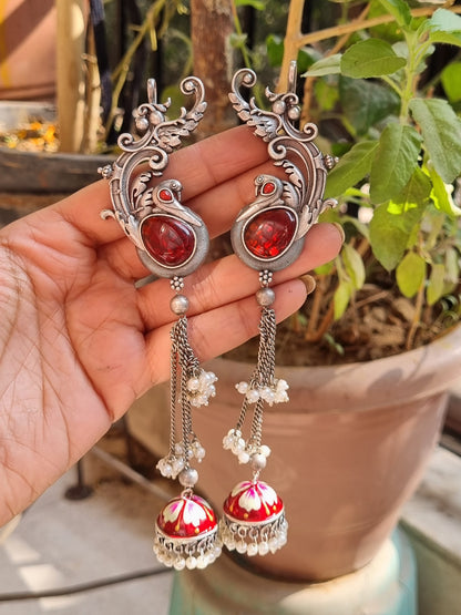 Handpainted Peacock Silver Brass Jhumka