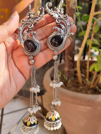 Handpainted Peacock Silver Brass Jhumka