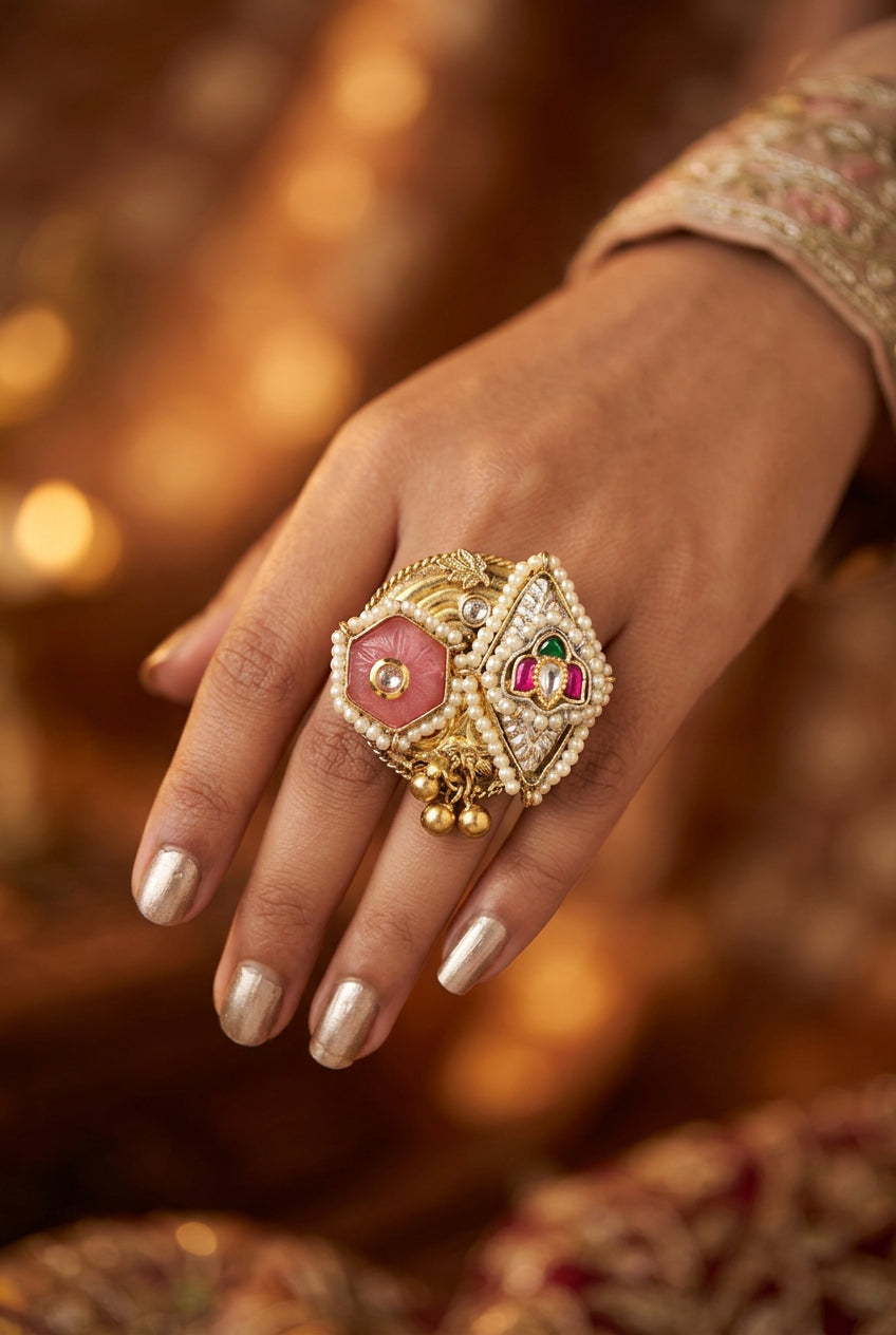 Pachi Kundan Statement Golden Ring