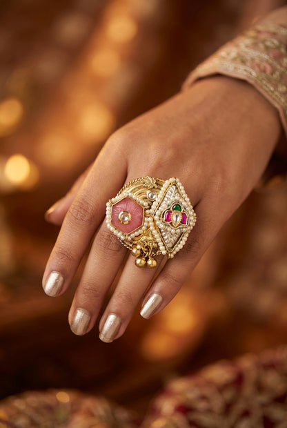 Pachi Kundan Statement Golden Ring
