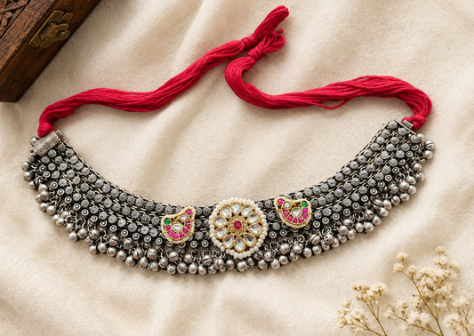 Pachi kundan Choker- German Silver Ghunguru Necklace
