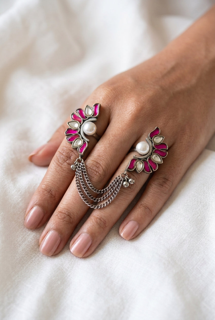 Pachi Kundan 2 finger Ring