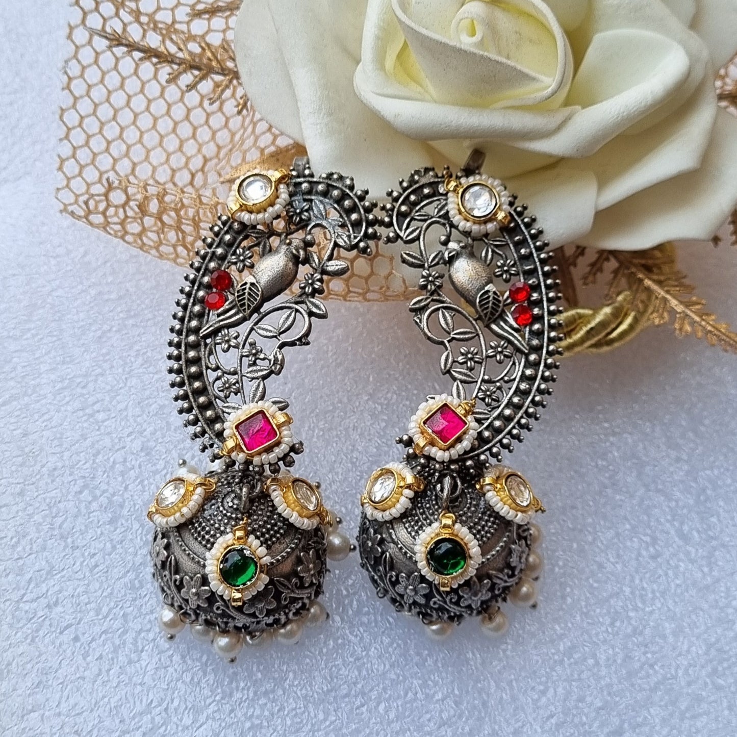 Silver Replica Pachi Kundan Earcuffs
