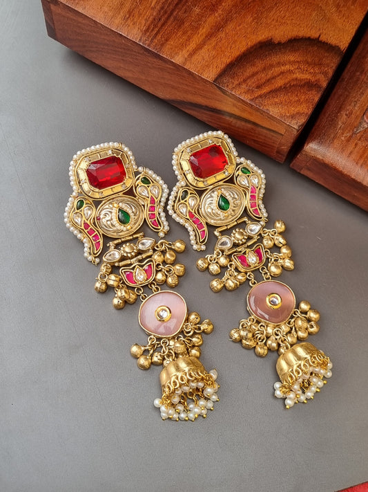 Ishika Golden Pachi Kundan Statement Jhumka
