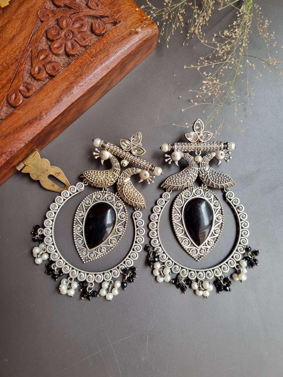 Peacock Brass Earrings - BLACK