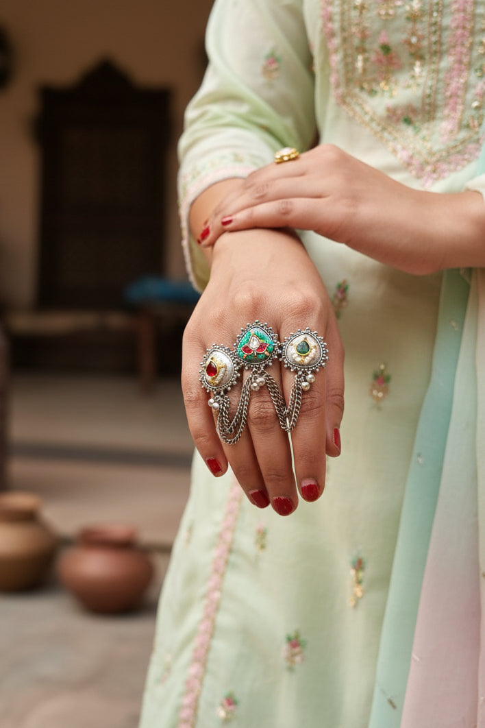 3 finger Pachi Kundan Brass Ring