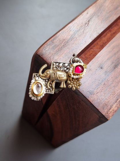 Gaj Pachi Kundan Dual tone Brass Ring