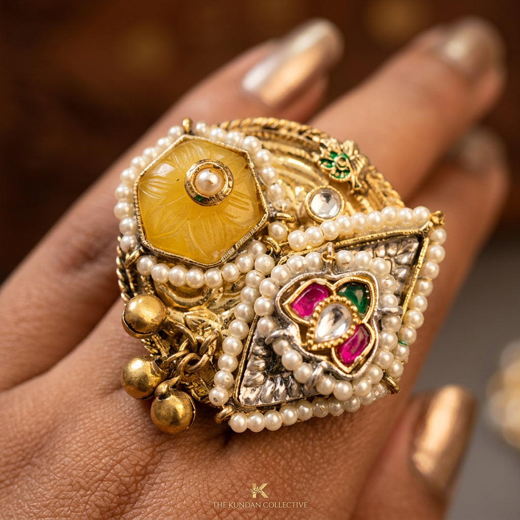 Pachi Kundan Statement Golden Ring